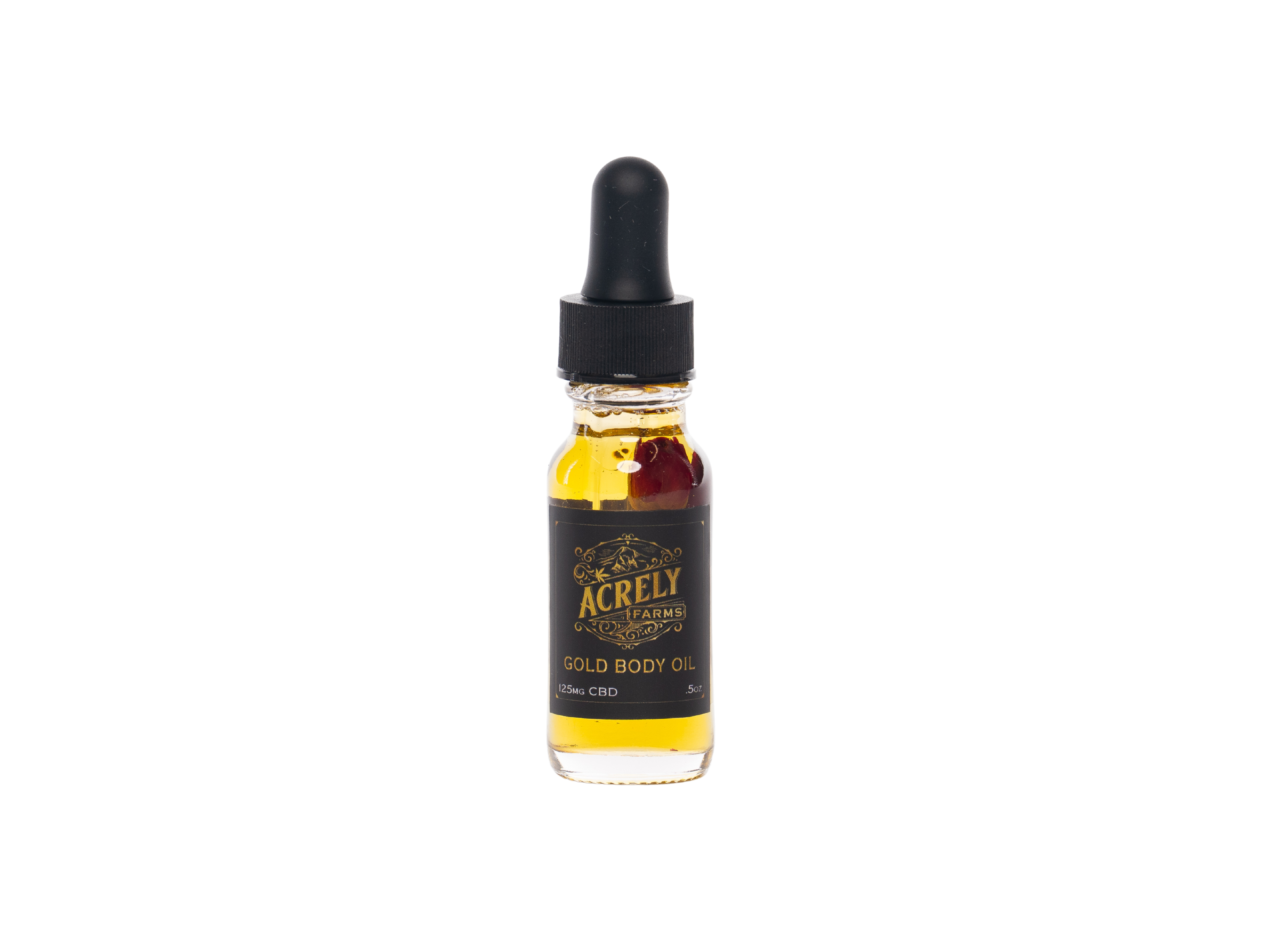 A small glass bottle of Acrely Farms Gold Body Oil with a black dropper cap, containing golden yellow oil, set against a plain white background.