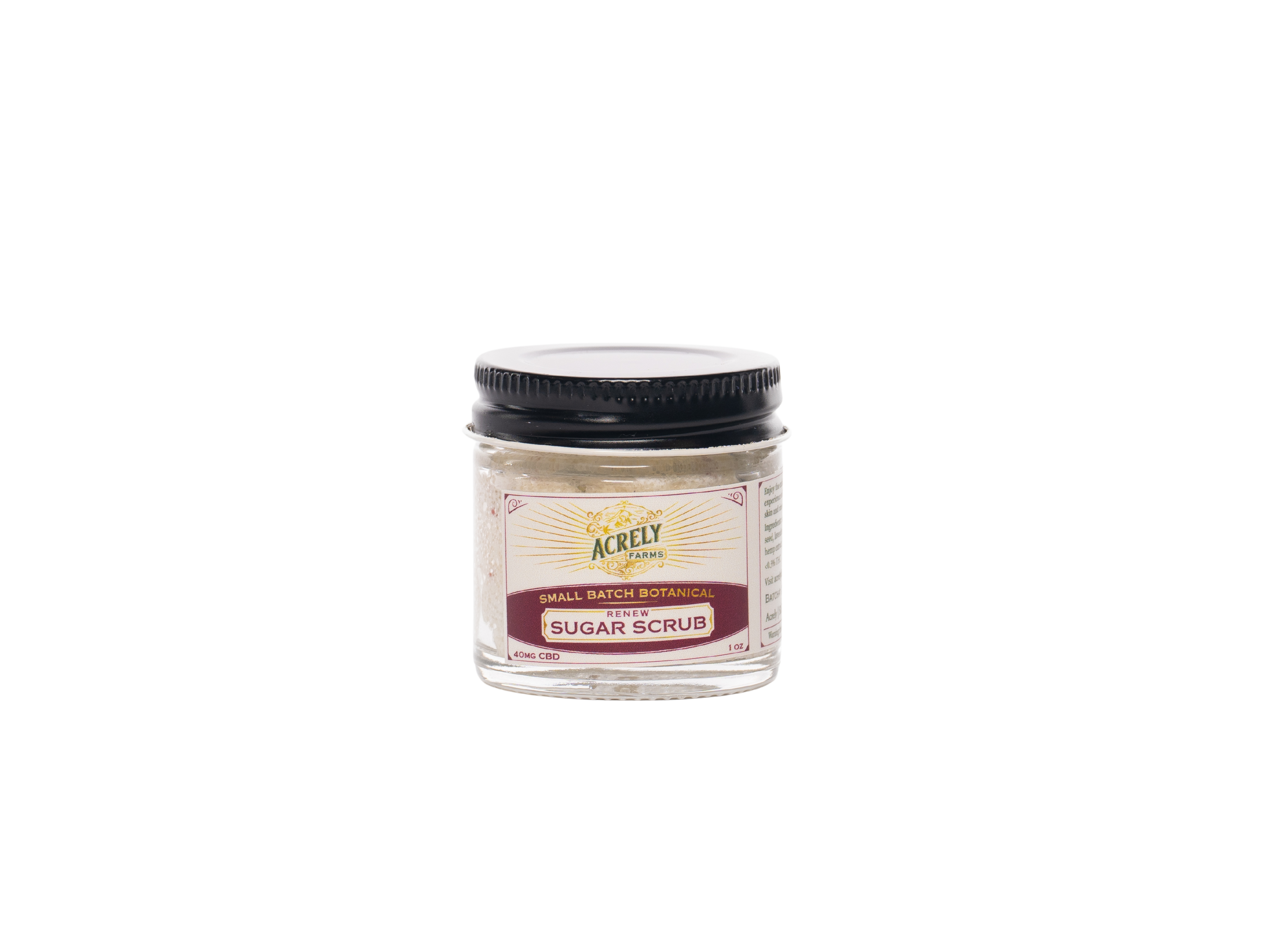 A small jar of Acrely Farms Sugar Scrub with a black lid and cream-colored label, centered on a plain white background.