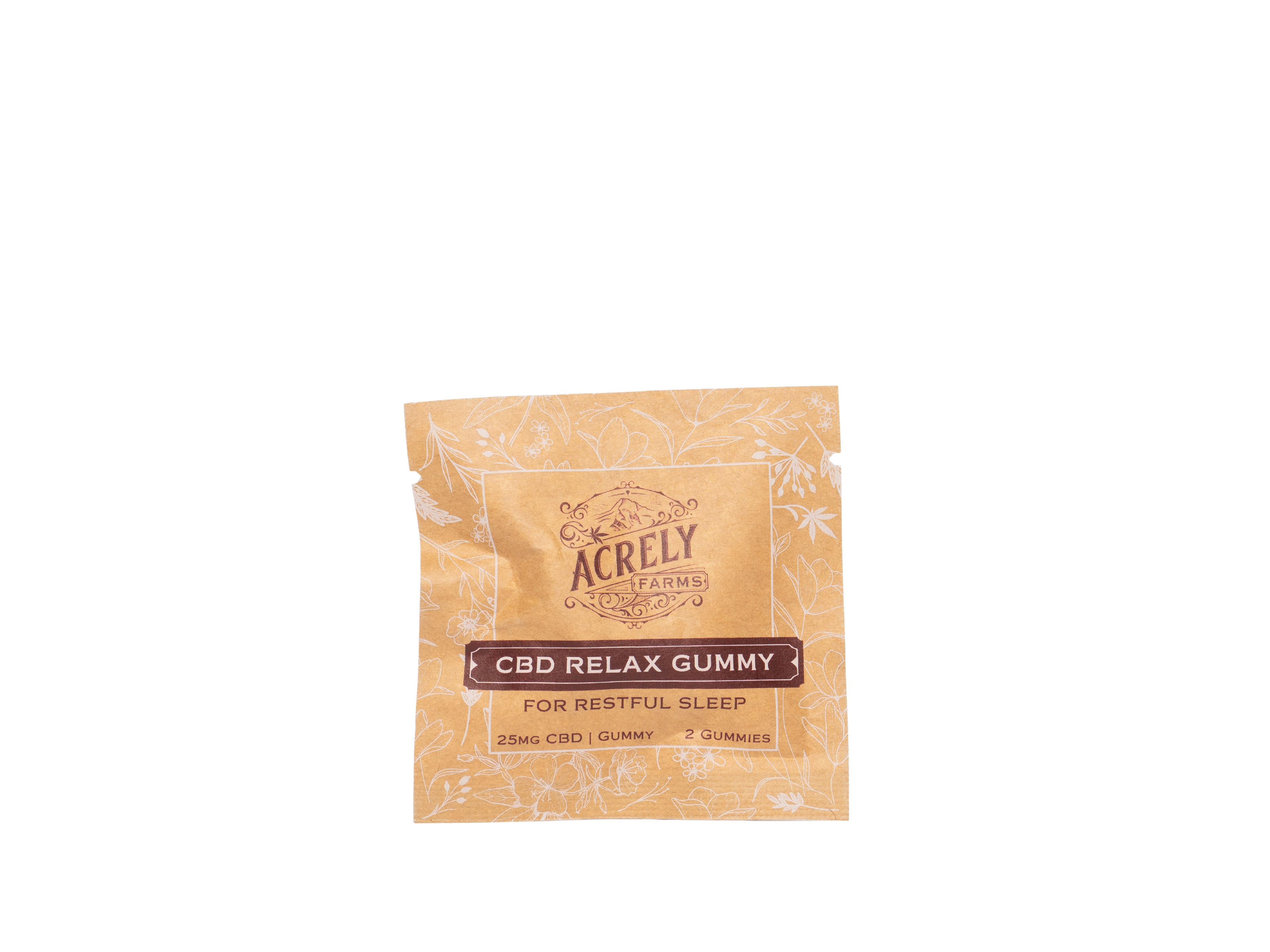 A single packet of Acrely Farms CBD Relax Gummy, featuring a light tan and white patterned wrapper with a dark brown label, isolated on a white background.