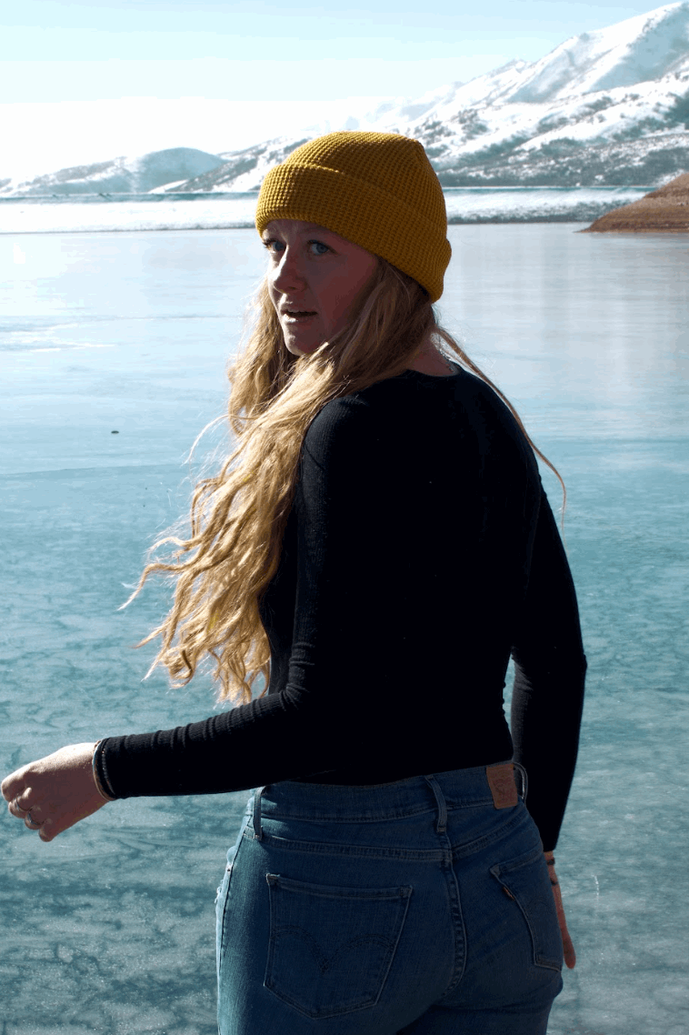 A Woman wearing an Acrely Farms Waffle Knit Beanie in Utah