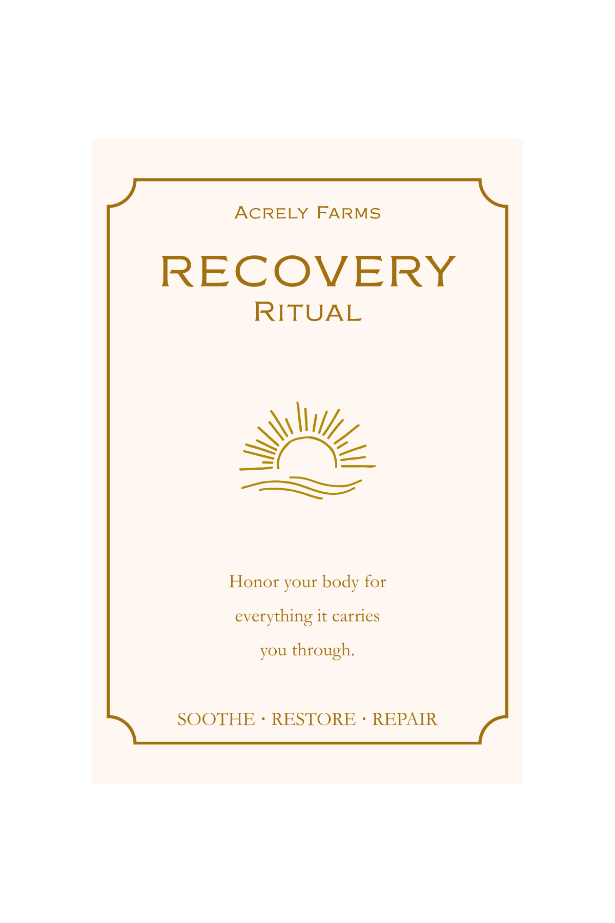A square cream-colored card or packaging design with gold border lines and gold text reading &