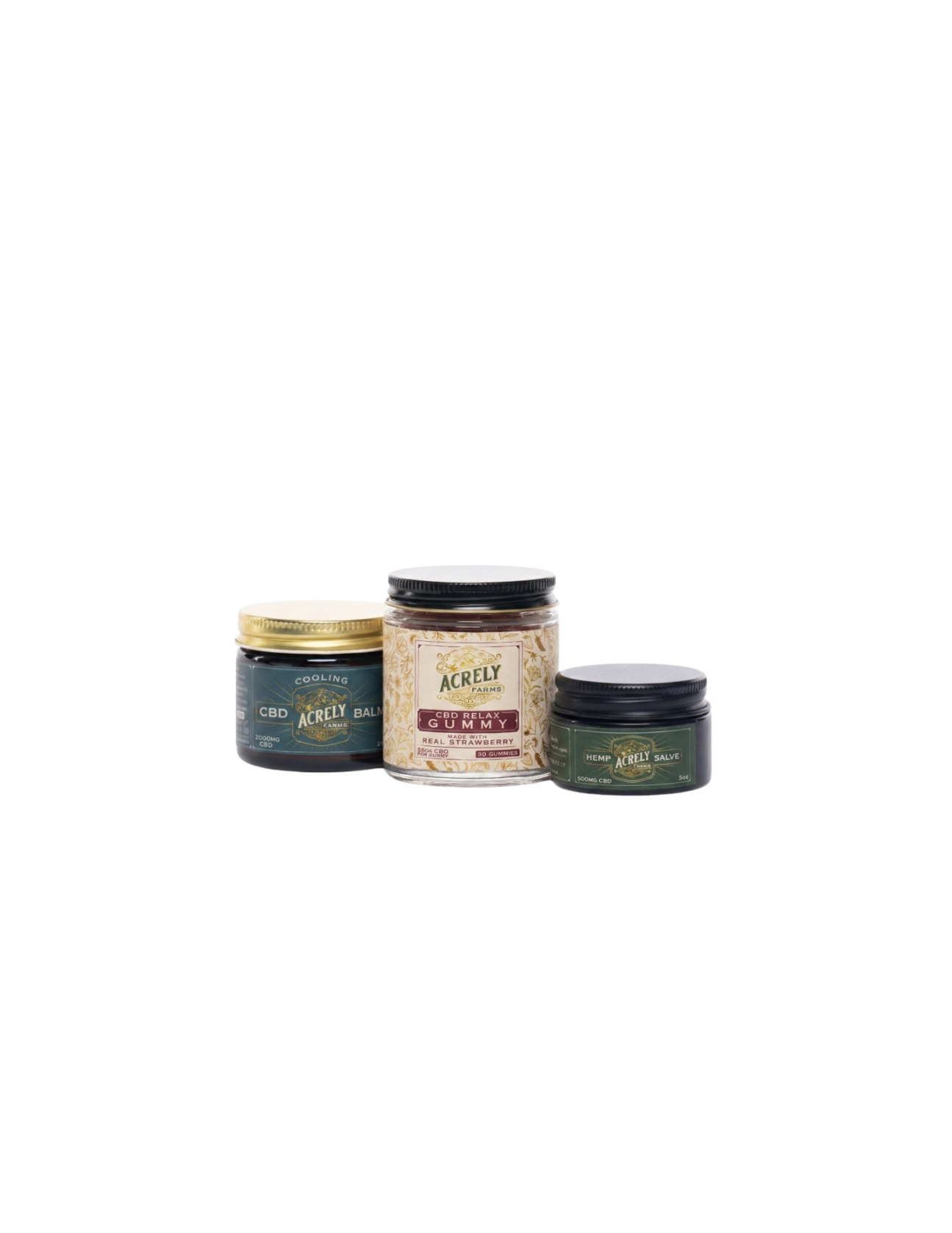 Three jars of Acxióy hair products arranged together on a plain white background, including a dark green jar with a gold lid, a clear jar filled with beige strands, and a dark green jar with a black lid.