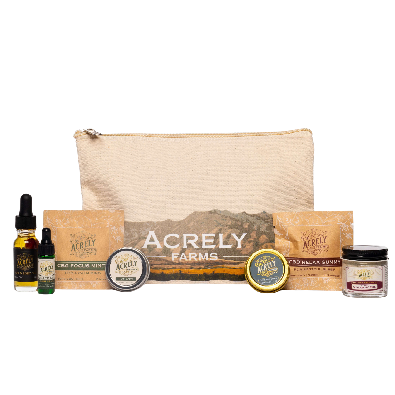Acrely Farms gift set featuring a beige canvas zip pouch, and all of Acrely Farms mini products