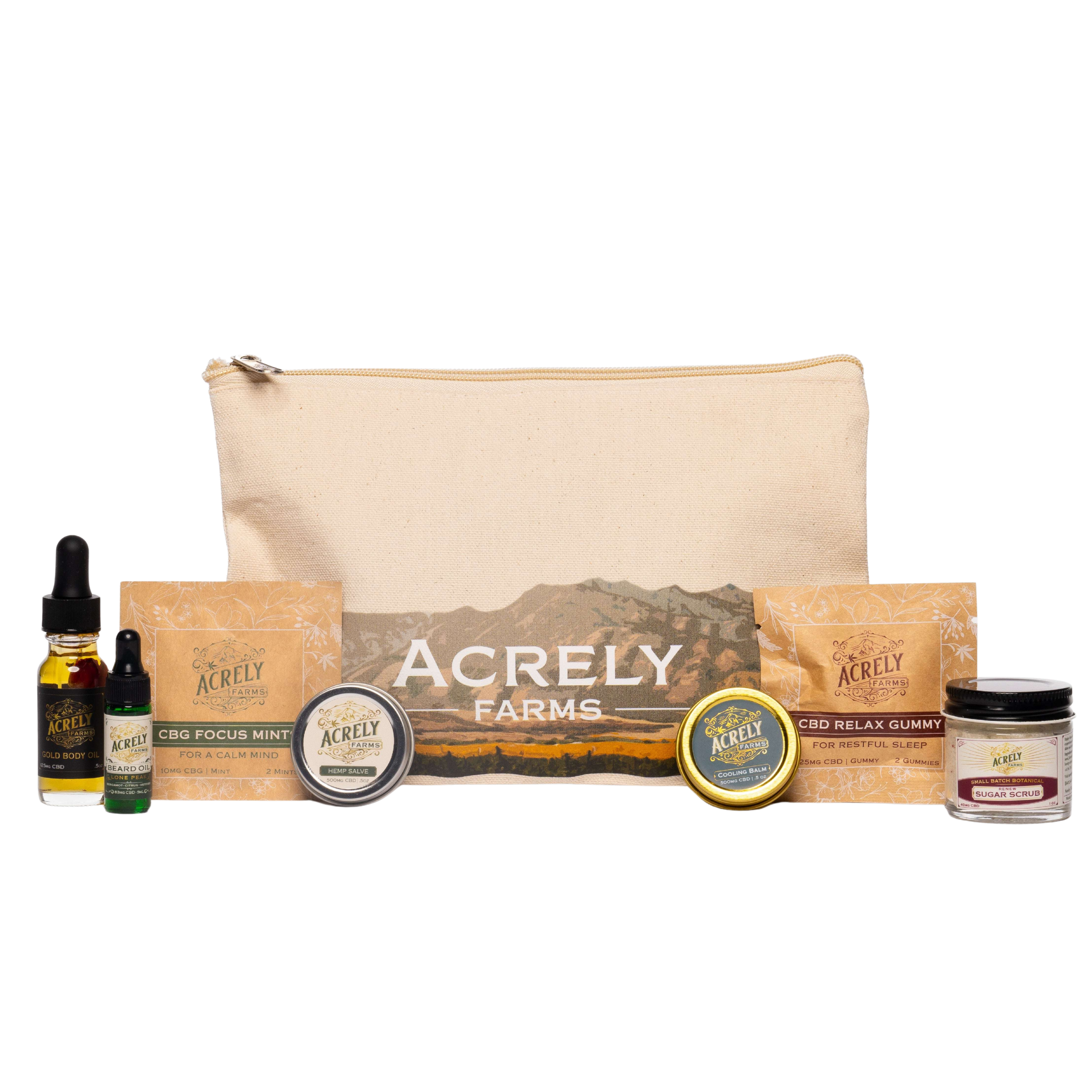 Acrely Farms gift set featuring a beige canvas zip pouch, and all of Acrely Farms mini products
