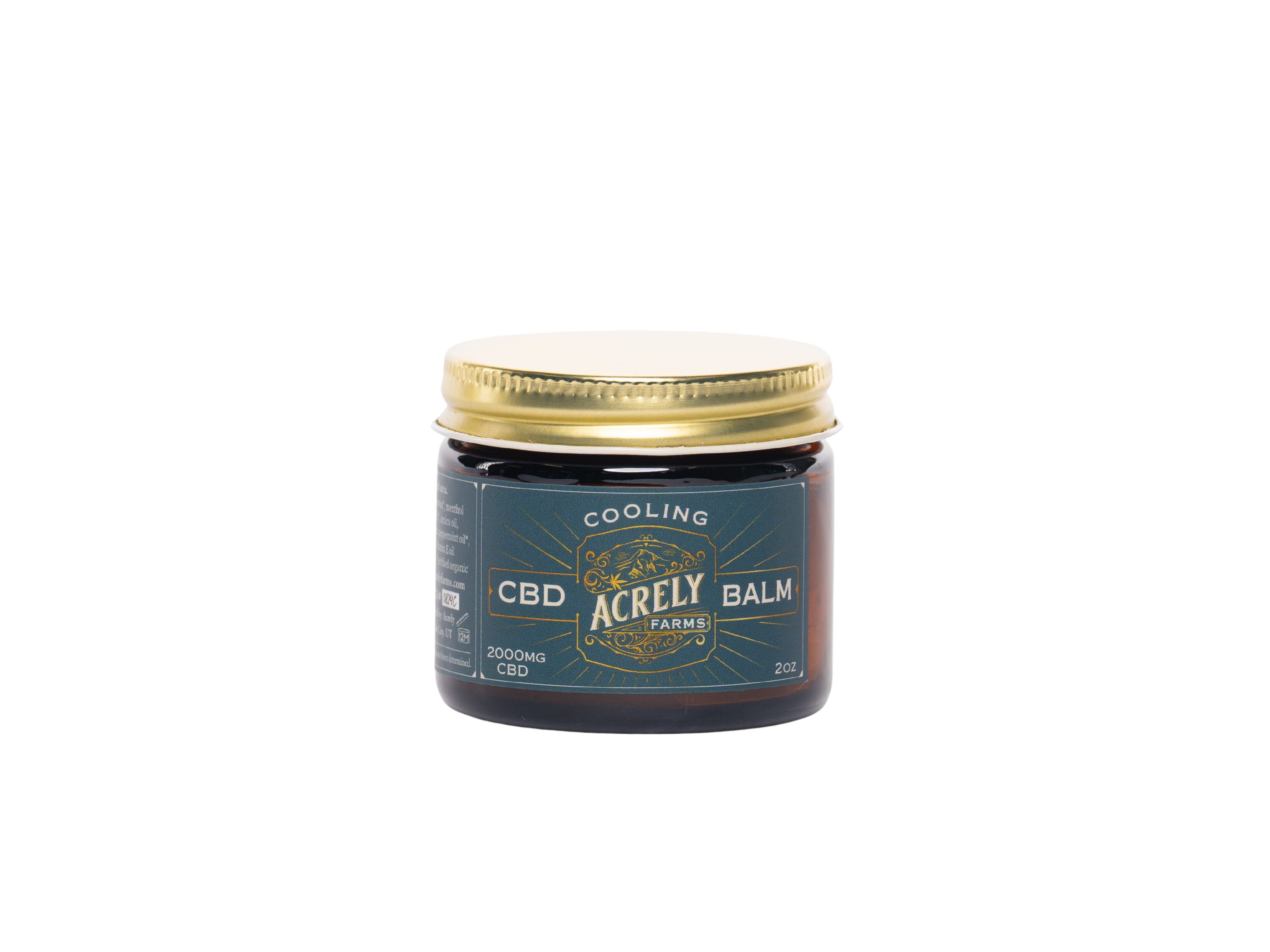 A small amber glass jar of Acrely Farms Cooling CBD Balm with a gold metal lid and a dark teal label, centered on a plain white background.