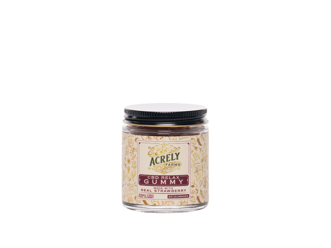 Full size jar of Acrely Farms CBD Relax Gummies (including 30 gummies) on a white background.