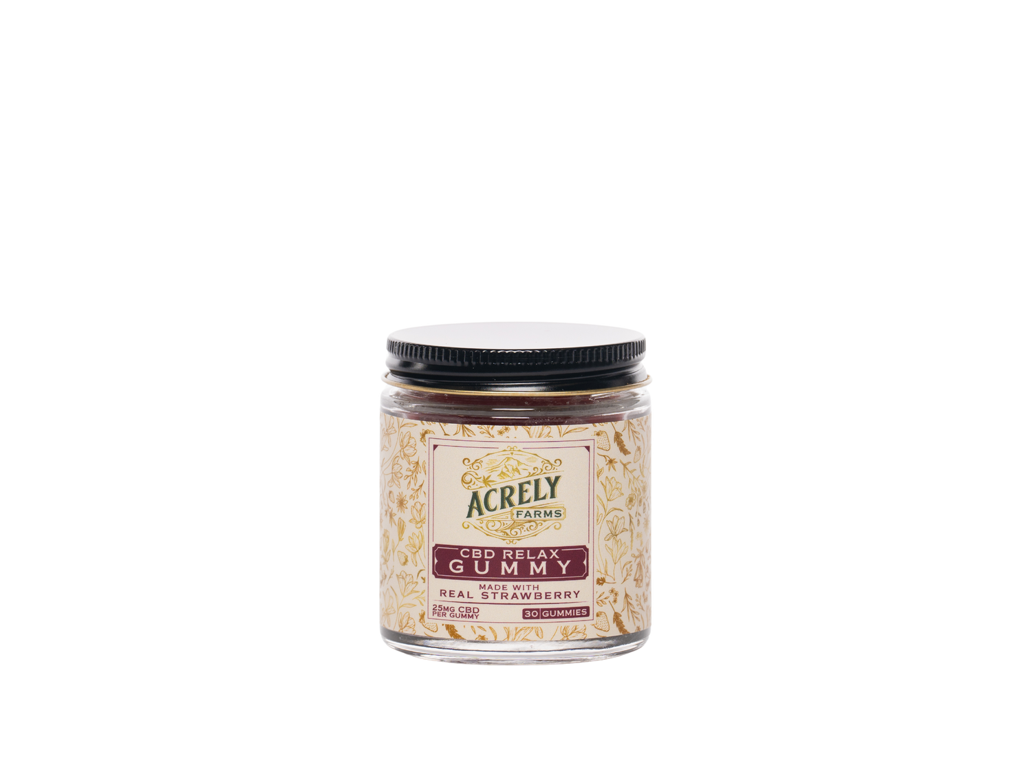 Full size jar of Acrely Farms CBD Relax Gummies (including 30 gummies) on a white background.