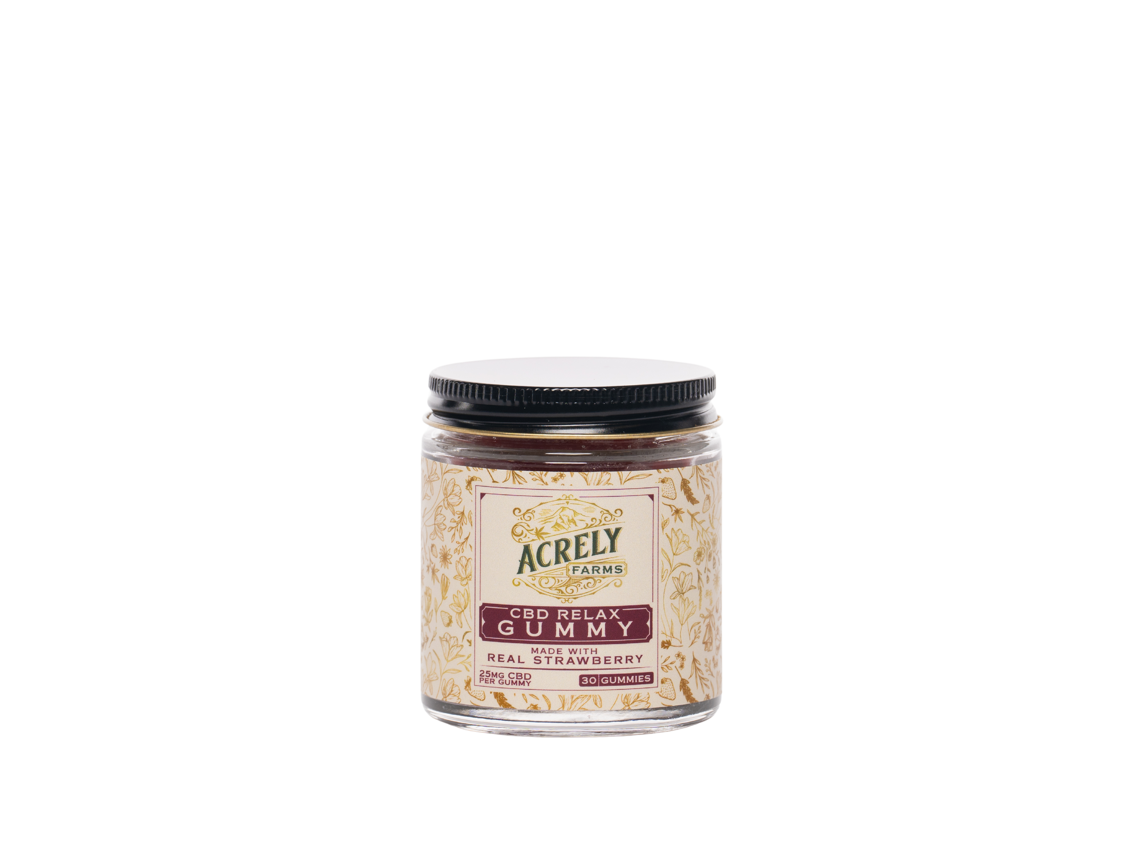 Full size jar of Acrely Farms CBD Relax Gummies (including 30 gummies) on a white background.