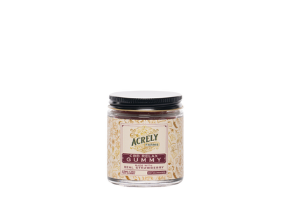 Full size jar of Acrely Farms CBD Relax Gummies (including 30 gummies) on a white background.