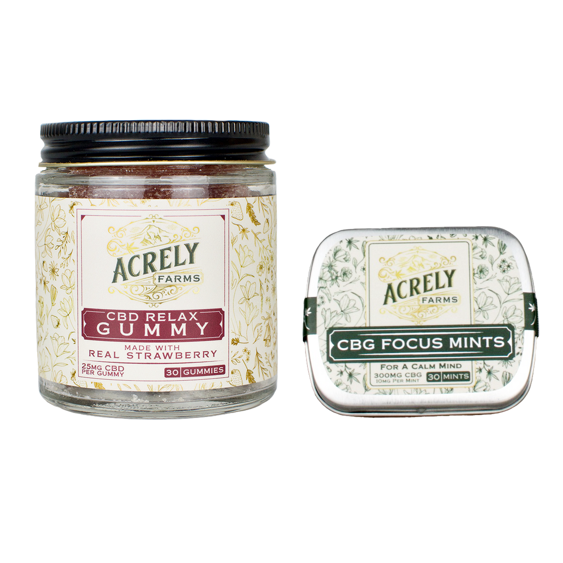 Two Acrely Farms CBD products on a white background: a large glass jar labeled CBD Relax Gummy (strawberry flavor) and a square tin of CBG Focus Mints.
