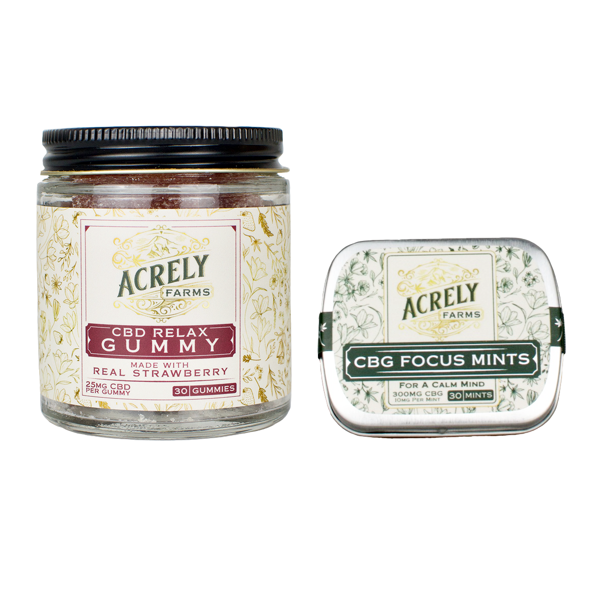 Two Acrely Farms CBD products on a white background: a large glass jar labeled CBD Relax Gummy (strawberry flavor) and a square tin of CBG Focus Mints.
