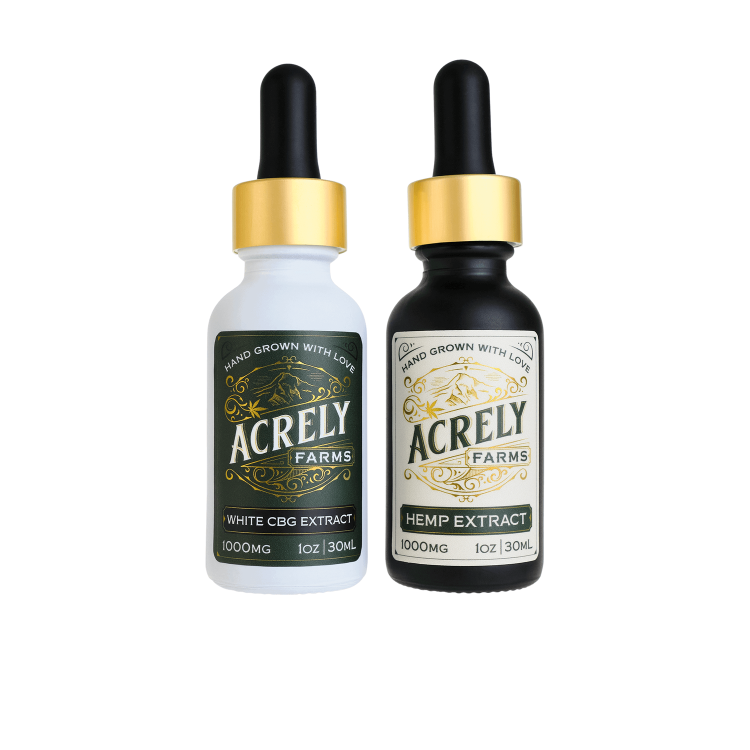 Two dropper bottles of Acrely Farms extracts on a solid white background. The left bottle is a white glass bottle with a gold collar and a dark green label for White CBG Extract. The right bottle is a black glass bottle with a gold collar and a cream label for Hemp Extract.