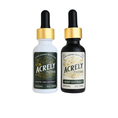 Two dropper bottles of Acrely Farms extracts on a solid white background. The left bottle is a white glass bottle with a gold collar and a dark green label for White CBG Extract. The right bottle is a black glass bottle with a gold collar and a cream label for Hemp Extract.