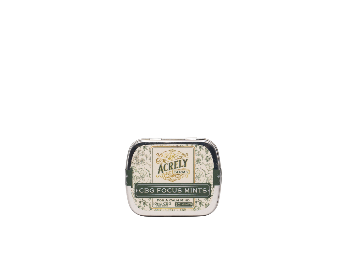 A small square metal tin of Acrely Farms CBG Focus Mints shown against a solid white background.