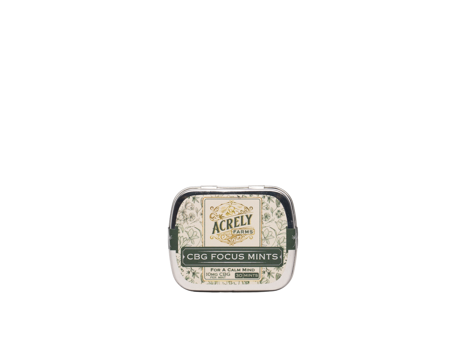 A small square metal tin of Acrely Farms CBG Focus Mints shown against a solid white background.