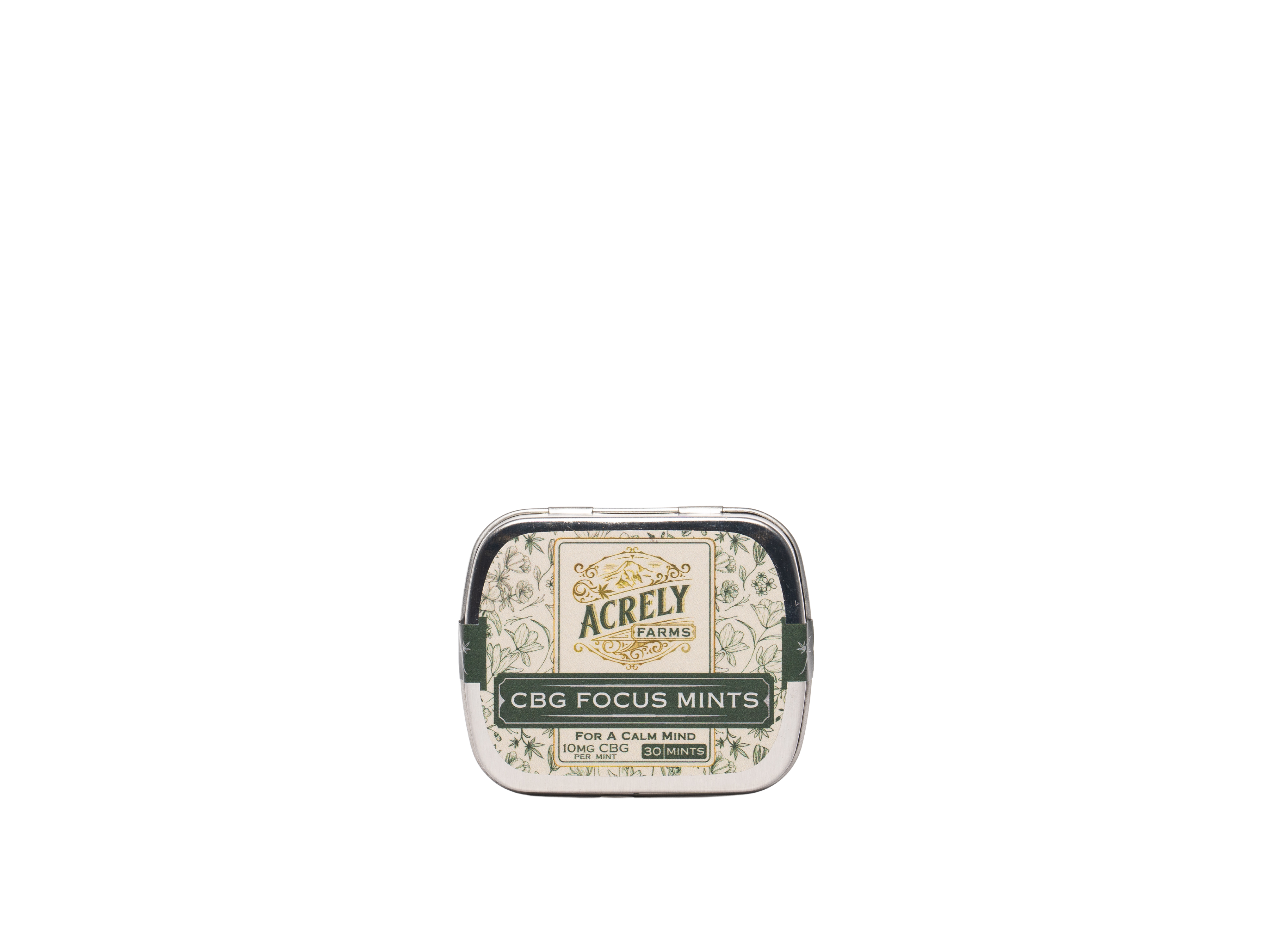 A small square metal tin of Acrely Farms CBG Focus Mints shown against a solid white background.