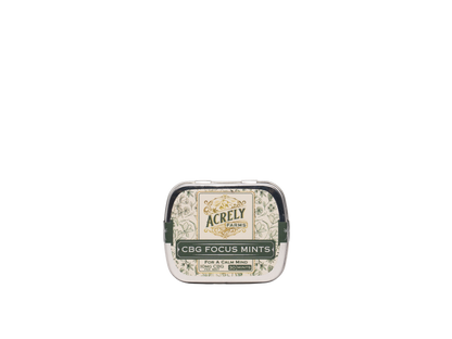 A small square metal tin of Acrely Farms CBG Focus Mints shown against a solid white background.