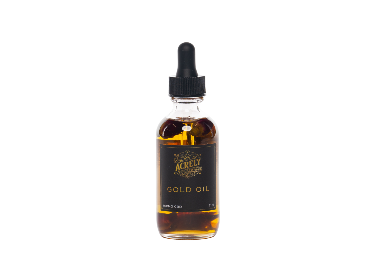 A clear glass dropper bottle filled with amber-gold liquid, featuring a black label with gold lettering that reads &