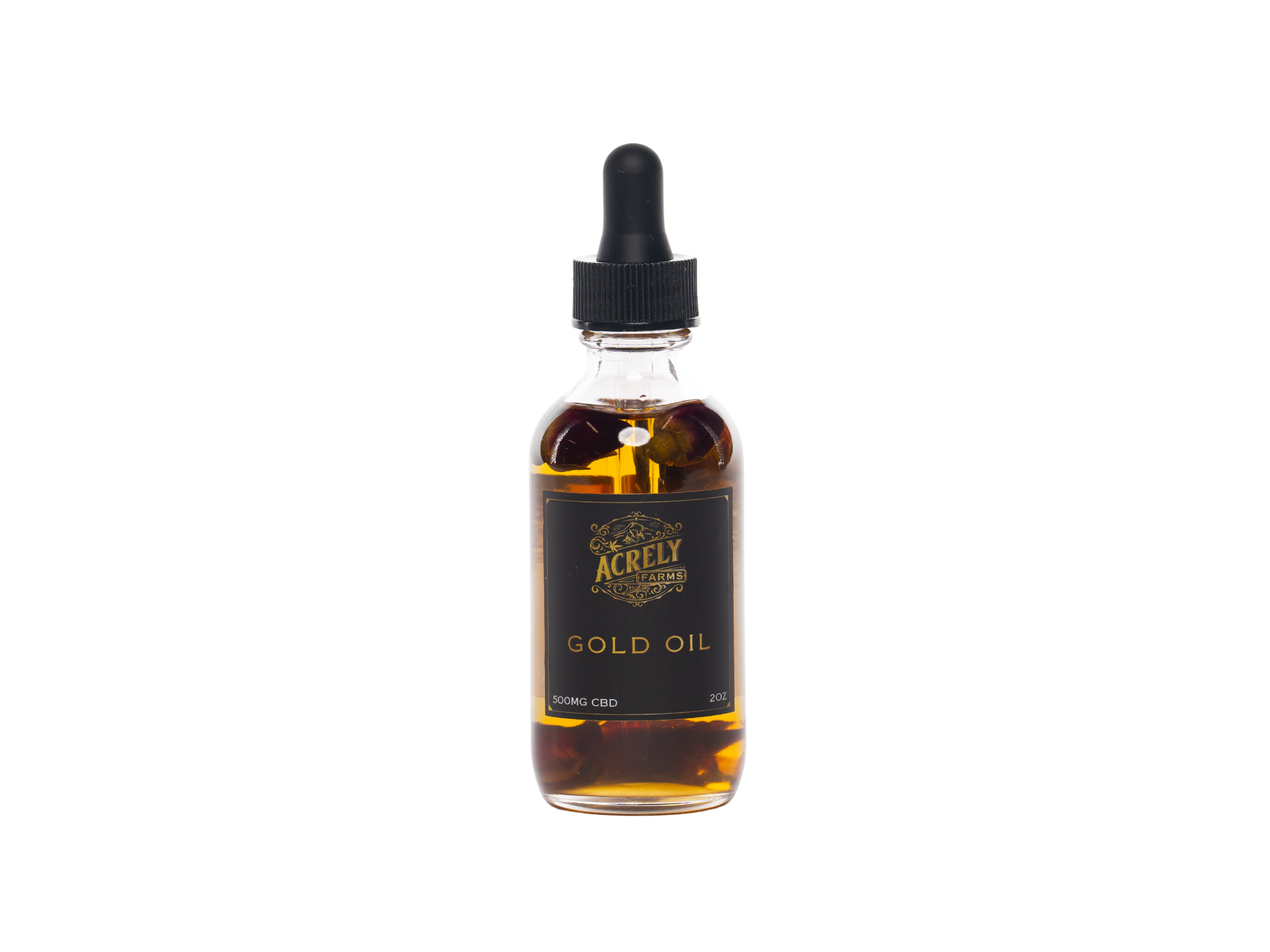 A clear glass dropper bottle filled with amber-gold liquid, featuring a black label with gold lettering that reads &