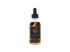 A clear glass dropper bottle filled with amber-gold liquid, featuring a black label with gold lettering that reads &