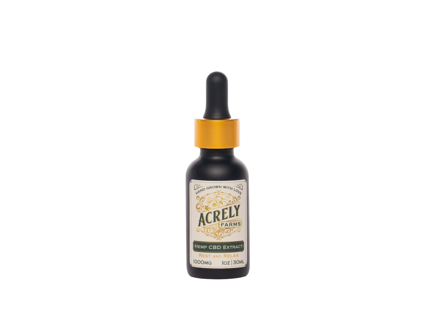 A small amber glass dropper bottle of Acrely Farms Hemp CBD Extract with a black rubber dropper top and a shiny gold collar, centered on a plain white background.