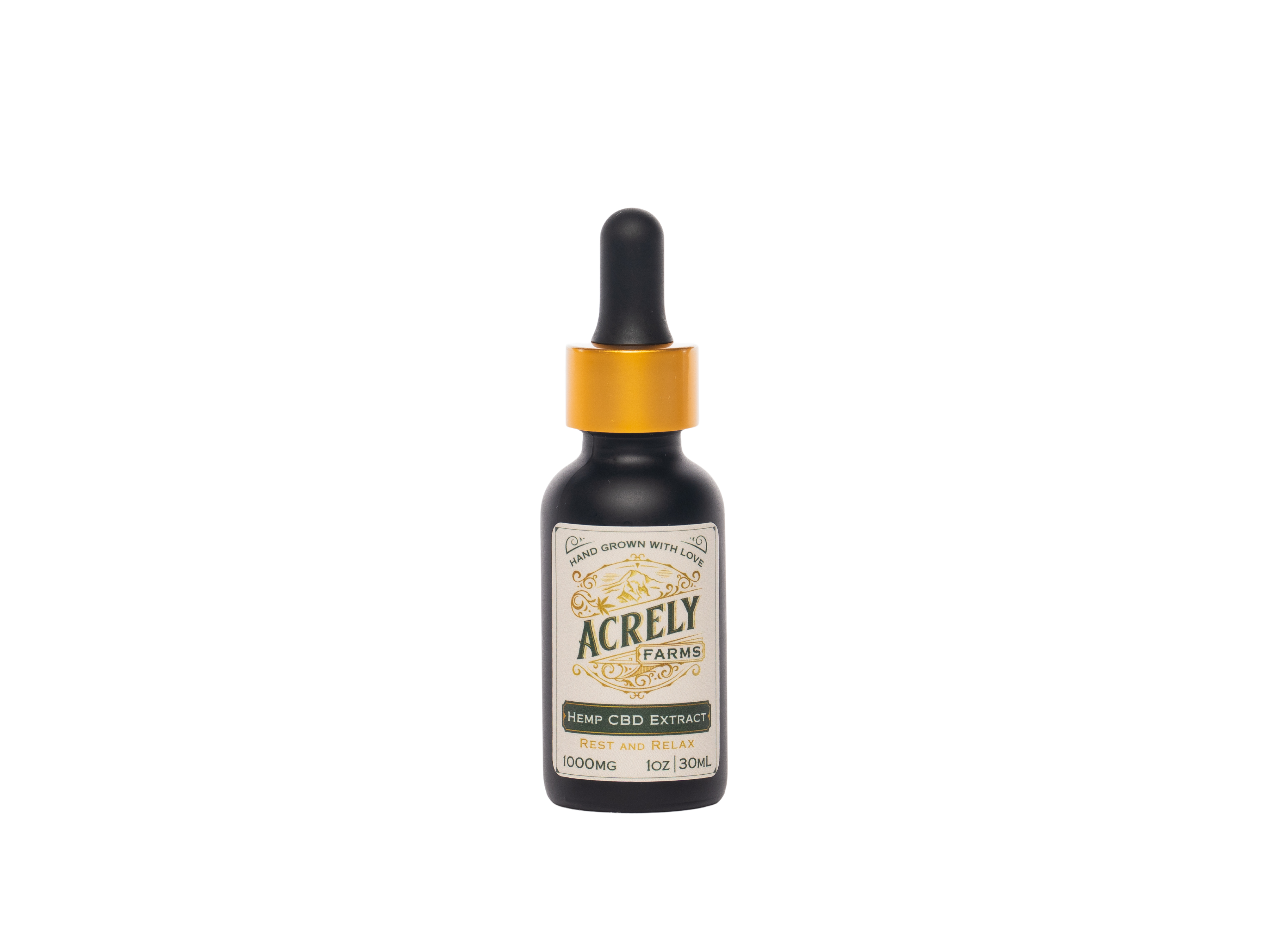 A small amber glass dropper bottle of Acrely Farms Hemp CBD Extract with a black rubber dropper top and a shiny gold collar, centered on a plain white background.