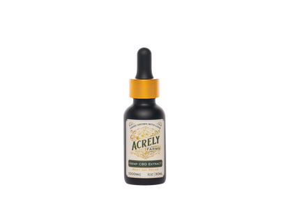 A small amber glass dropper bottle of Acrely Farms Hemp CBD Extract with a black rubber dropper top and a shiny gold collar, centered on a plain white background.