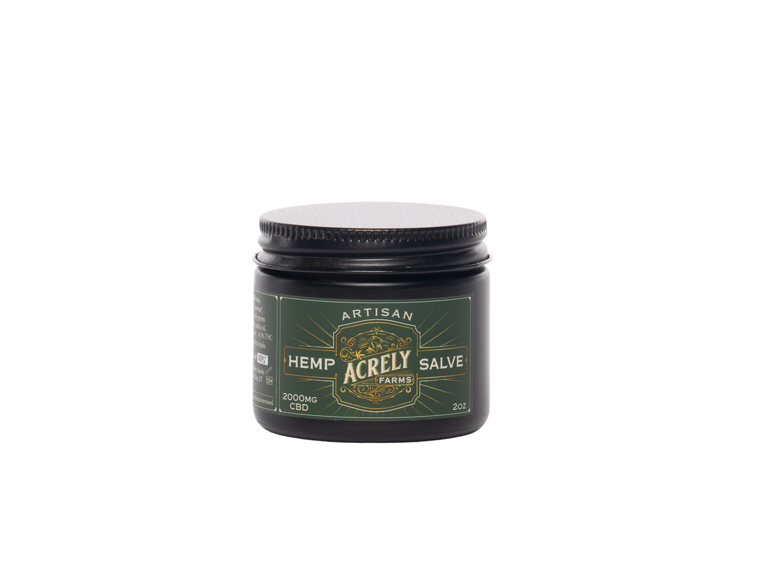 A 2000mg jar of Acrely Farms Artisan Hemp Salve on a solid white background.