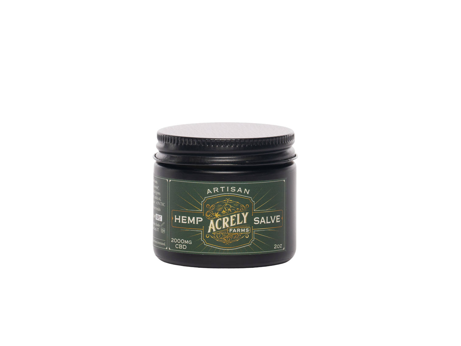 A 2000mg jar of Acrely Farms Artisan Hemp Salve on a solid white background.