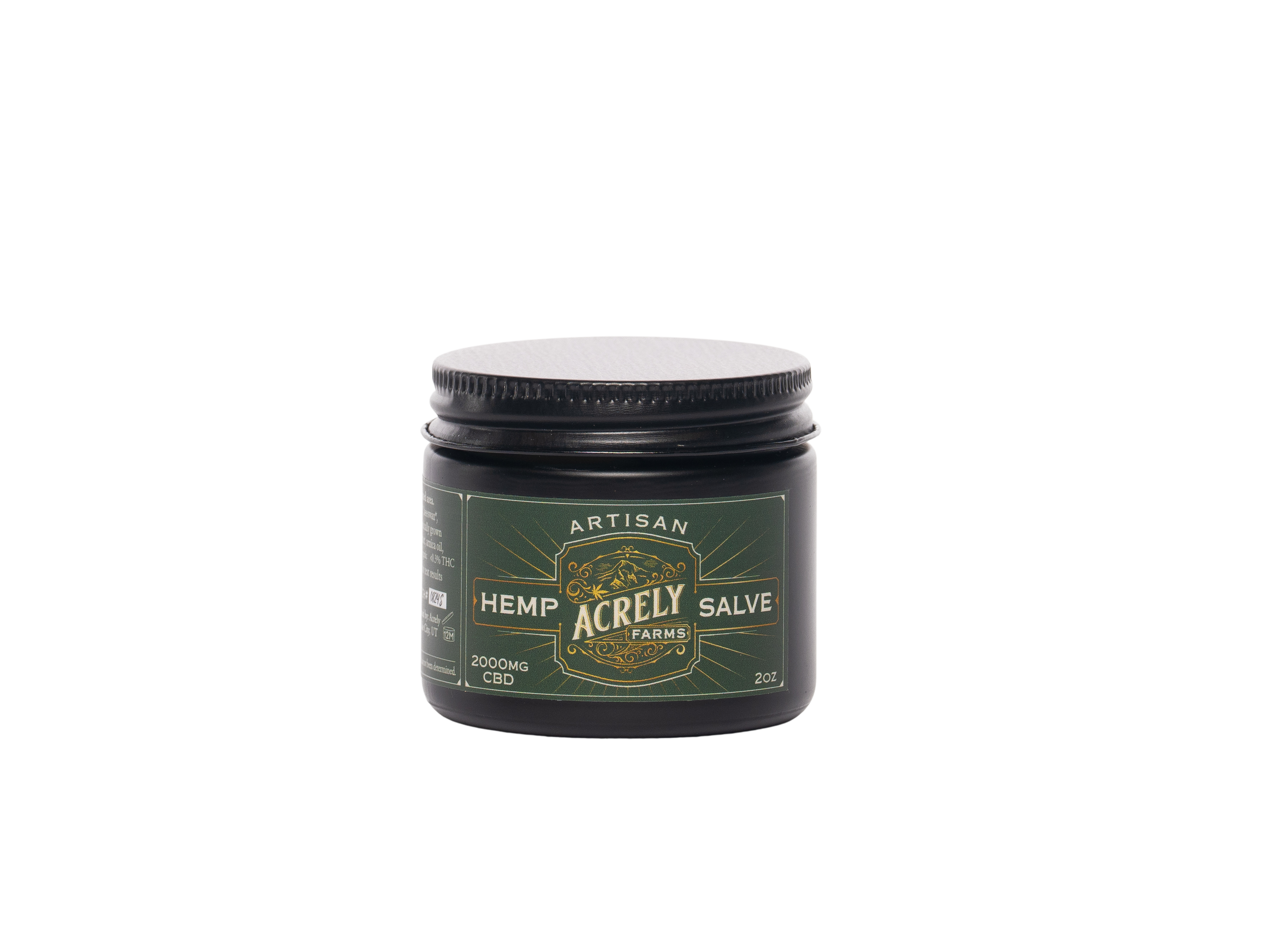 A 2000mg jar of Acrely Farms Artisan Hemp Salve on a solid white background.