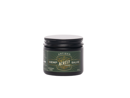 A 2000mg jar of Acrely Farms Artisan Hemp Salve on a solid white background.