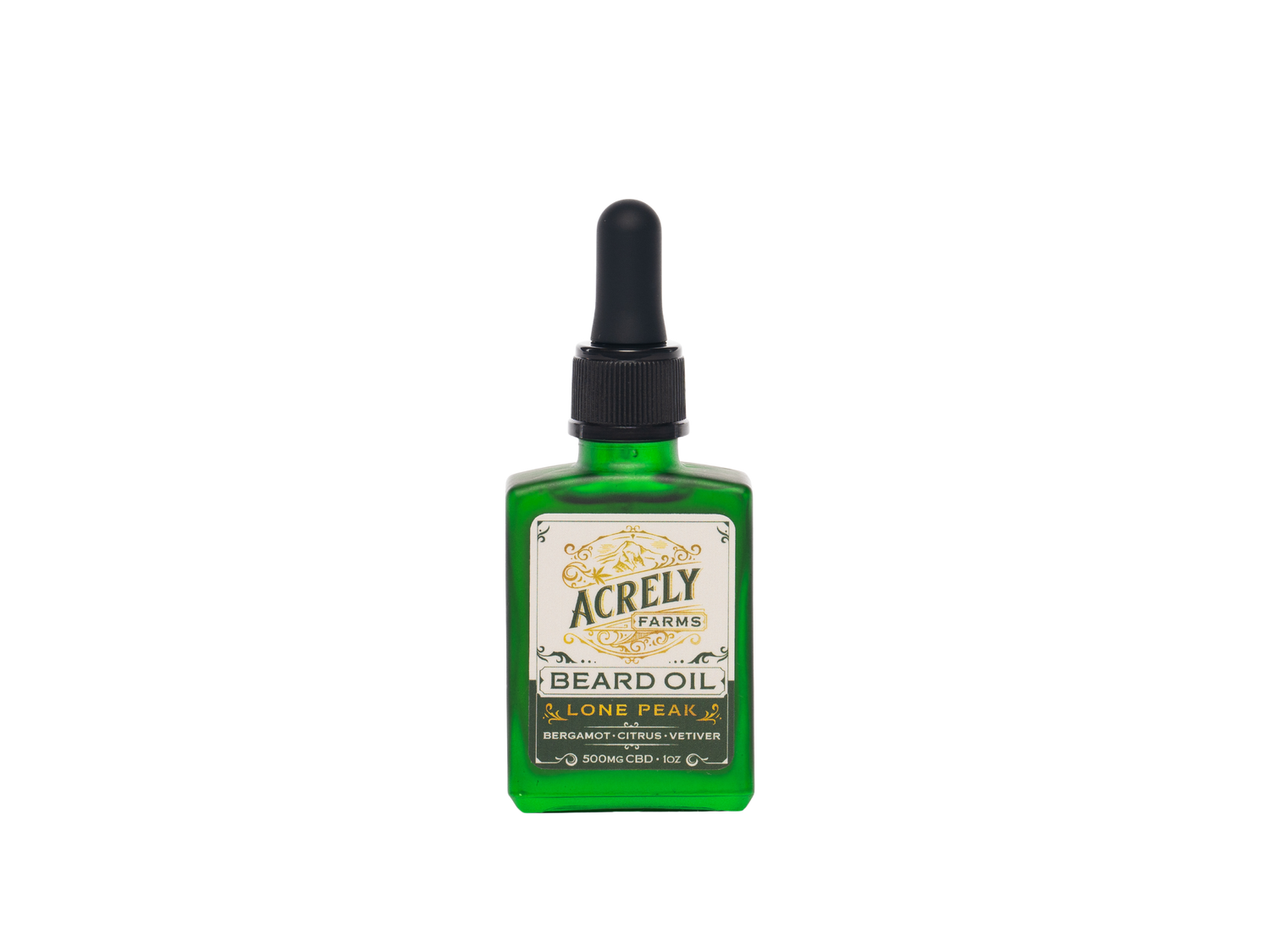 A green glass bottle of Acrely Farms Lone Peak Beard Oil with a black dropper cap and a cream-colored label, centered on a plain white background.
