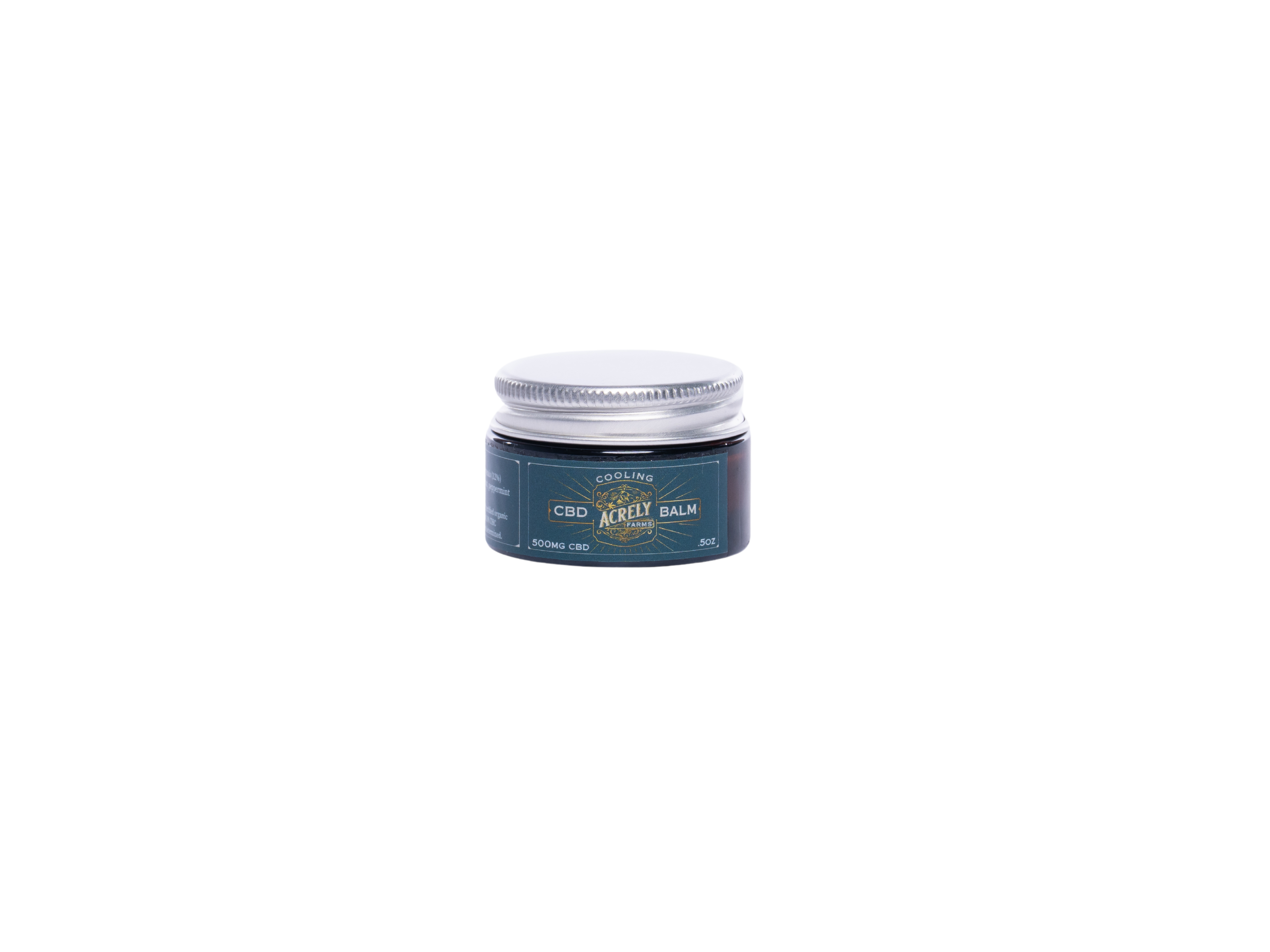 A small jar of CBD Cooling Balm with a dark teal label and a silver metal lid, centered on a solid white background.
