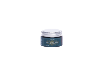 A small jar of CBD Cooling Balm with a dark teal label and a silver metal lid, centered on a solid white background.
