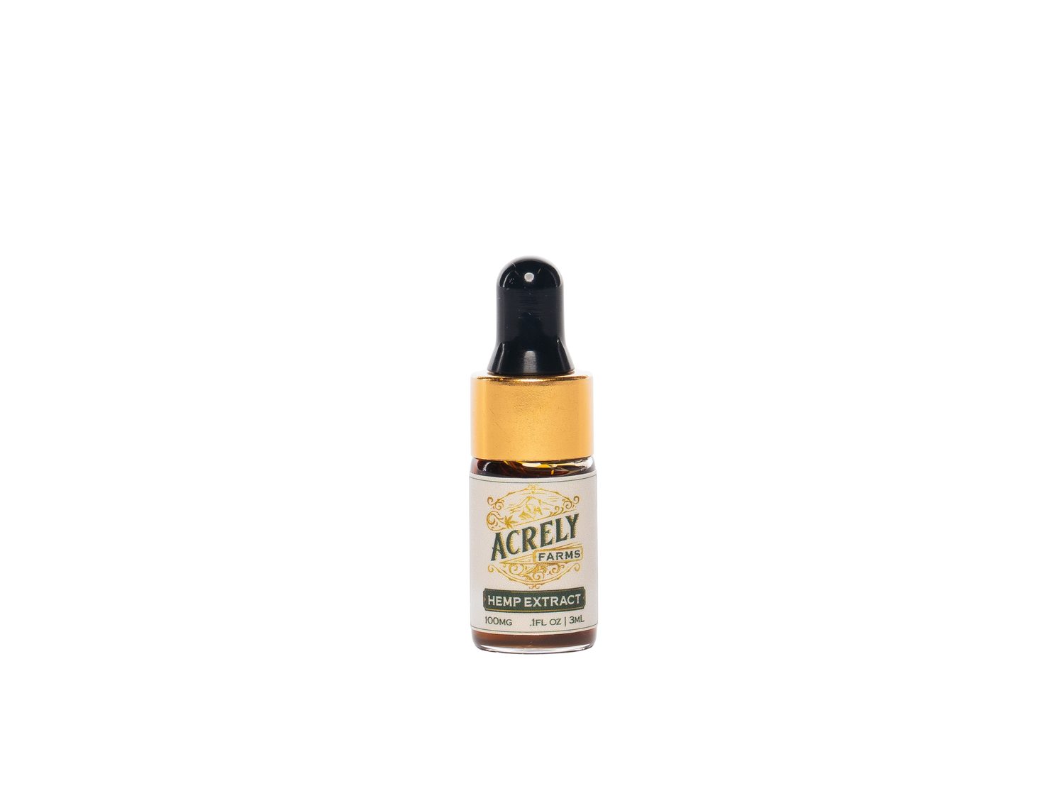 A small amber glass dropper bottle labeled Acrely Farms Hemp Extract, featuring a black dropper cap and a cream label with gold accents, centered on a plain white background.