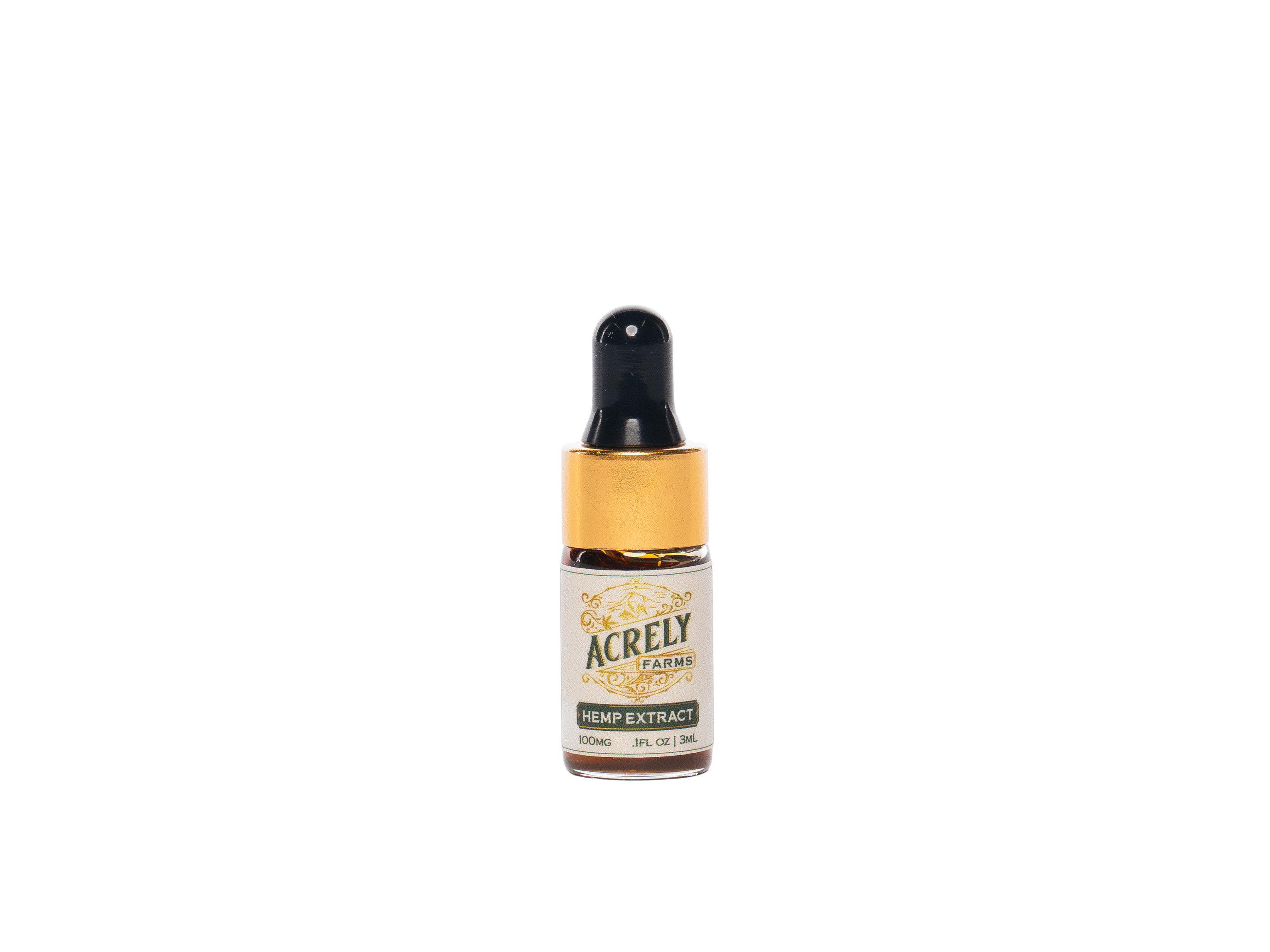 A small amber glass dropper bottle labeled Acrely Farms Hemp Extract, featuring a black dropper cap and a cream label with gold accents, centered on a plain white background.