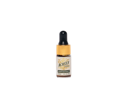 A small amber glass dropper bottle labeled Acrely Farms Hemp Extract, featuring a black dropper cap and a cream label with gold accents, centered on a plain white background.