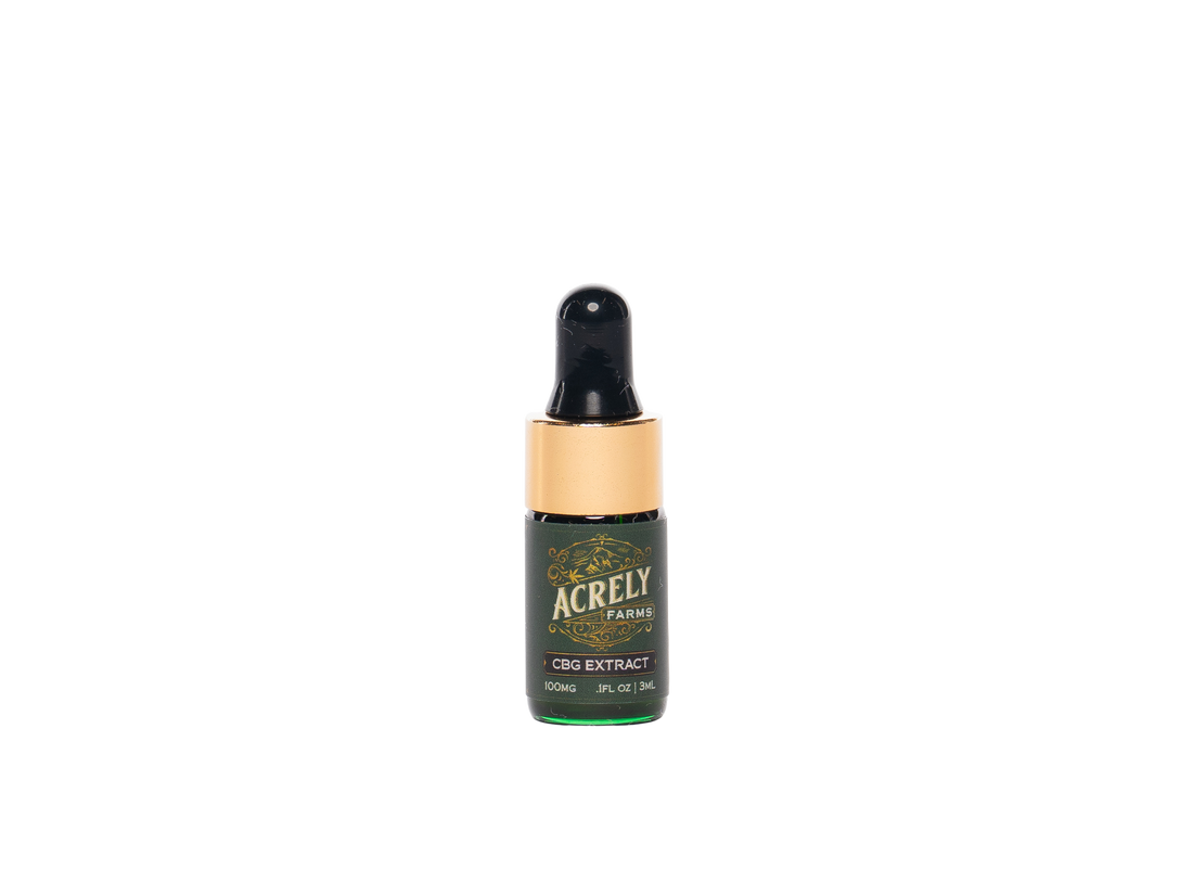 A small dropper bottle of Acrely Farms CBG Extract on a solid white background.