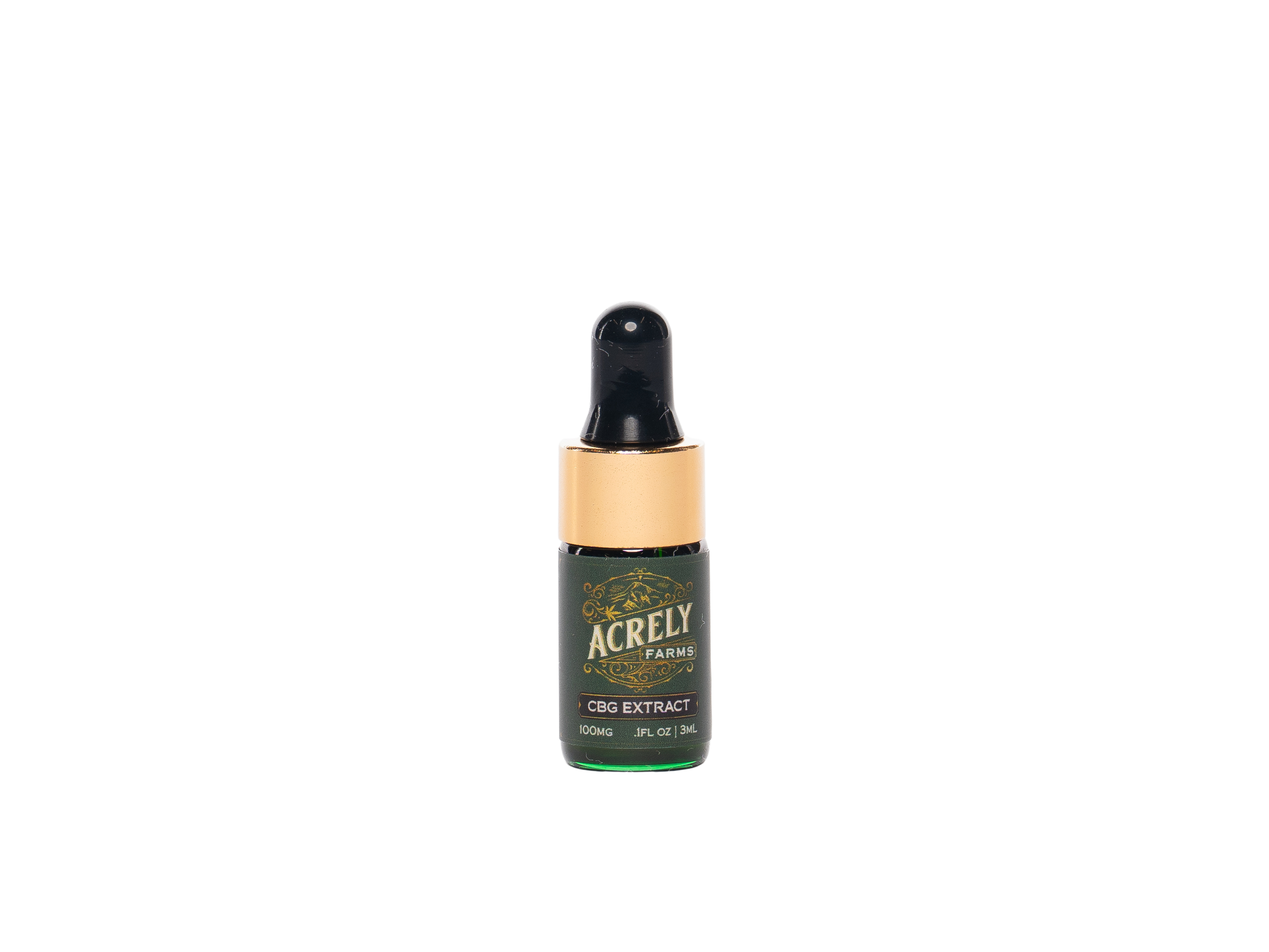 A small dropper bottle of Acrely Farms CBG Extract on a solid white background.