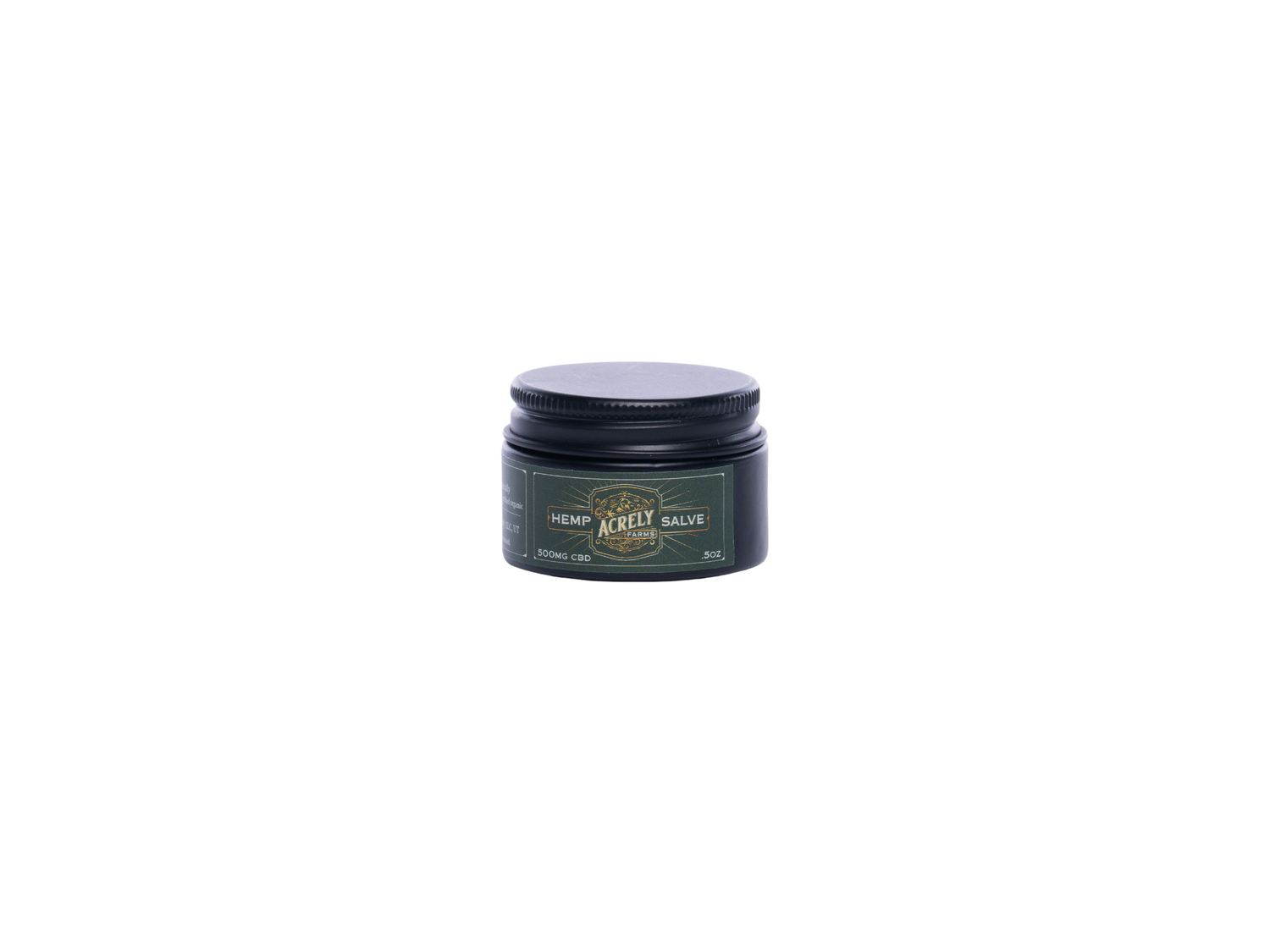 A small round black jar with a dark lid and a green label reading &