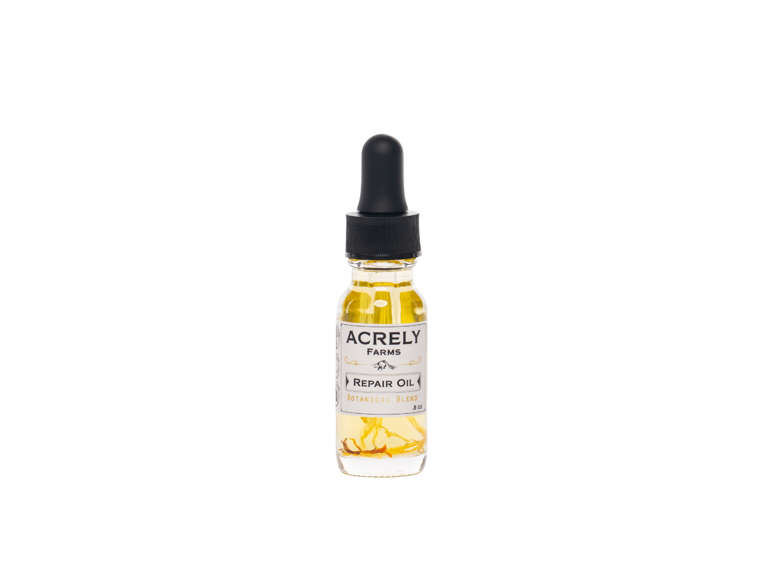 A small glass dropper bottle of Acrely Farms Repair Oil with botanical blend, containing golden yellow oil, set against a plain white background.