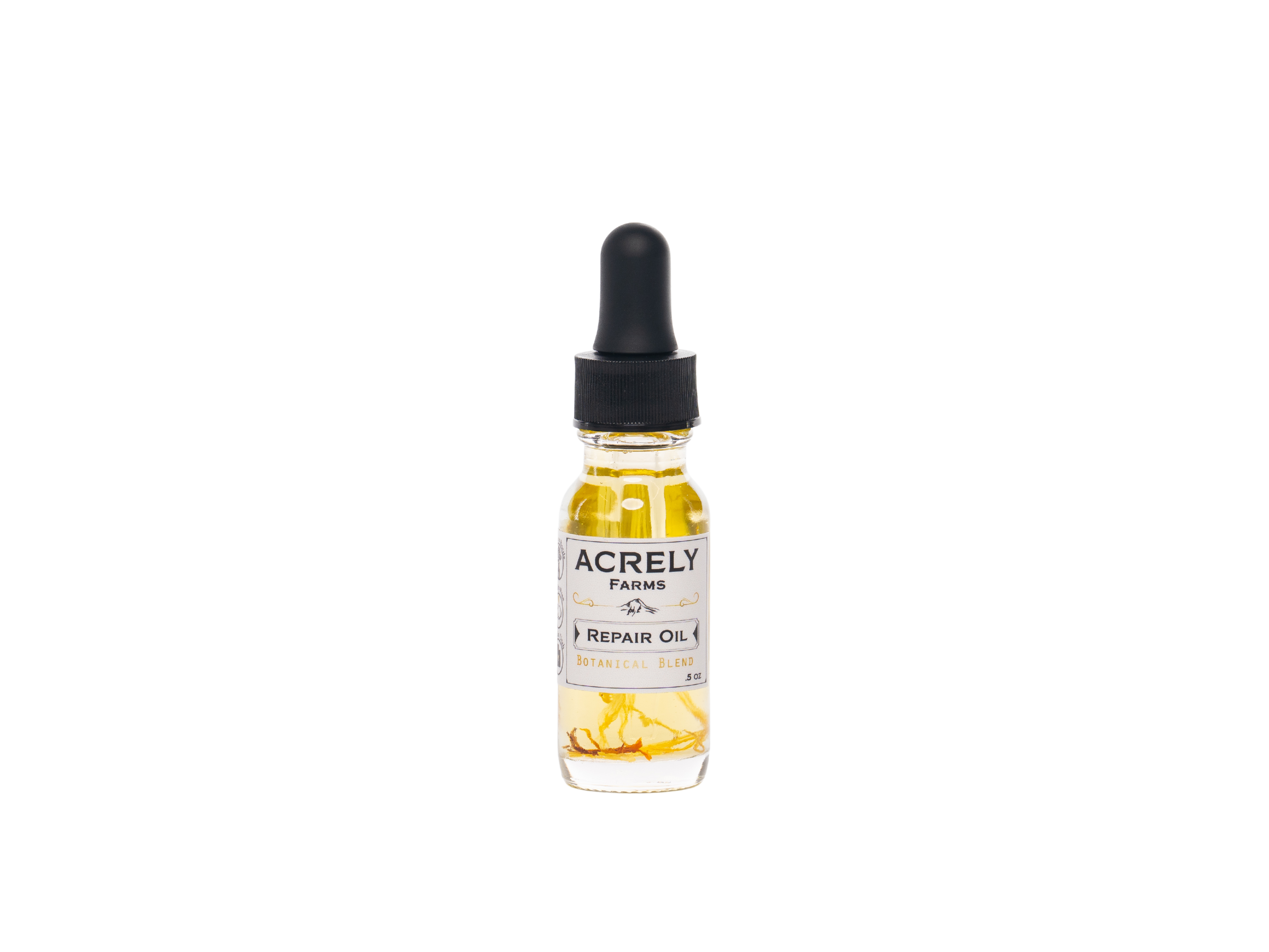 A small glass dropper bottle of Acrely Farms Repair Oil with botanical blend, containing golden yellow oil, set against a plain white background.