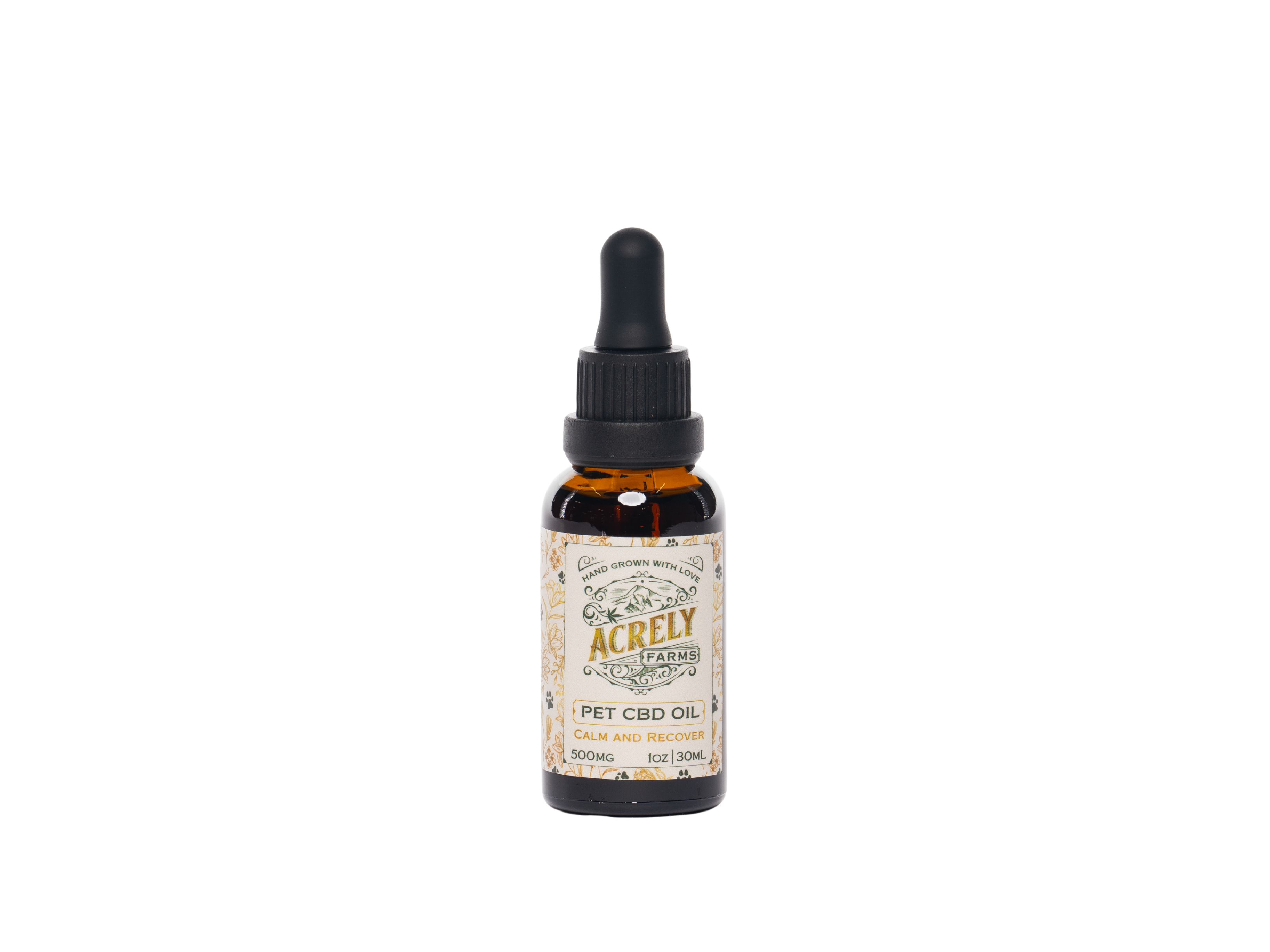 A 1oz amber glass dropper bottle of Acrely Farms CBD Oil for pets, featuring a black dropper cap and a vintage-style cream label with gold and brown text.