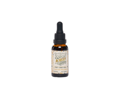 A 1oz amber glass dropper bottle of Acrely Farms CBD Oil for pets, featuring a black dropper cap and a vintage-style cream label with gold and brown text.