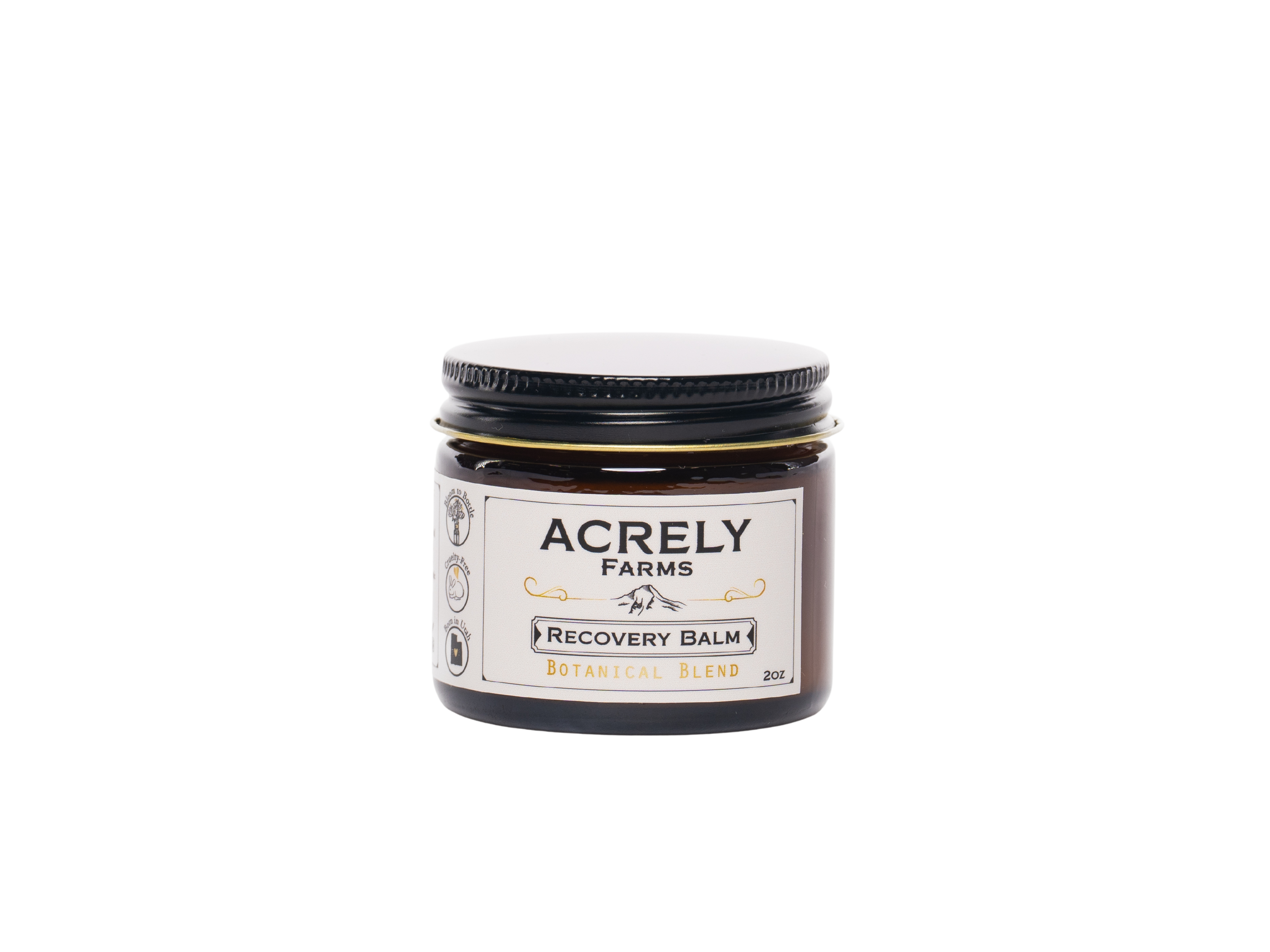 A small amber glass jar of Acrely Farms Recovery Balm with a black lid and a cream-colored label, set against a plain white background.