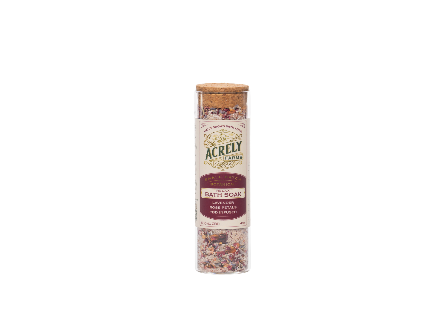 Acrely Farms Lavender &amp; Rose Eucalyptus Bath Soak in a clear cylindrical jar with a cork lid and cream label, shown on a plain white background.