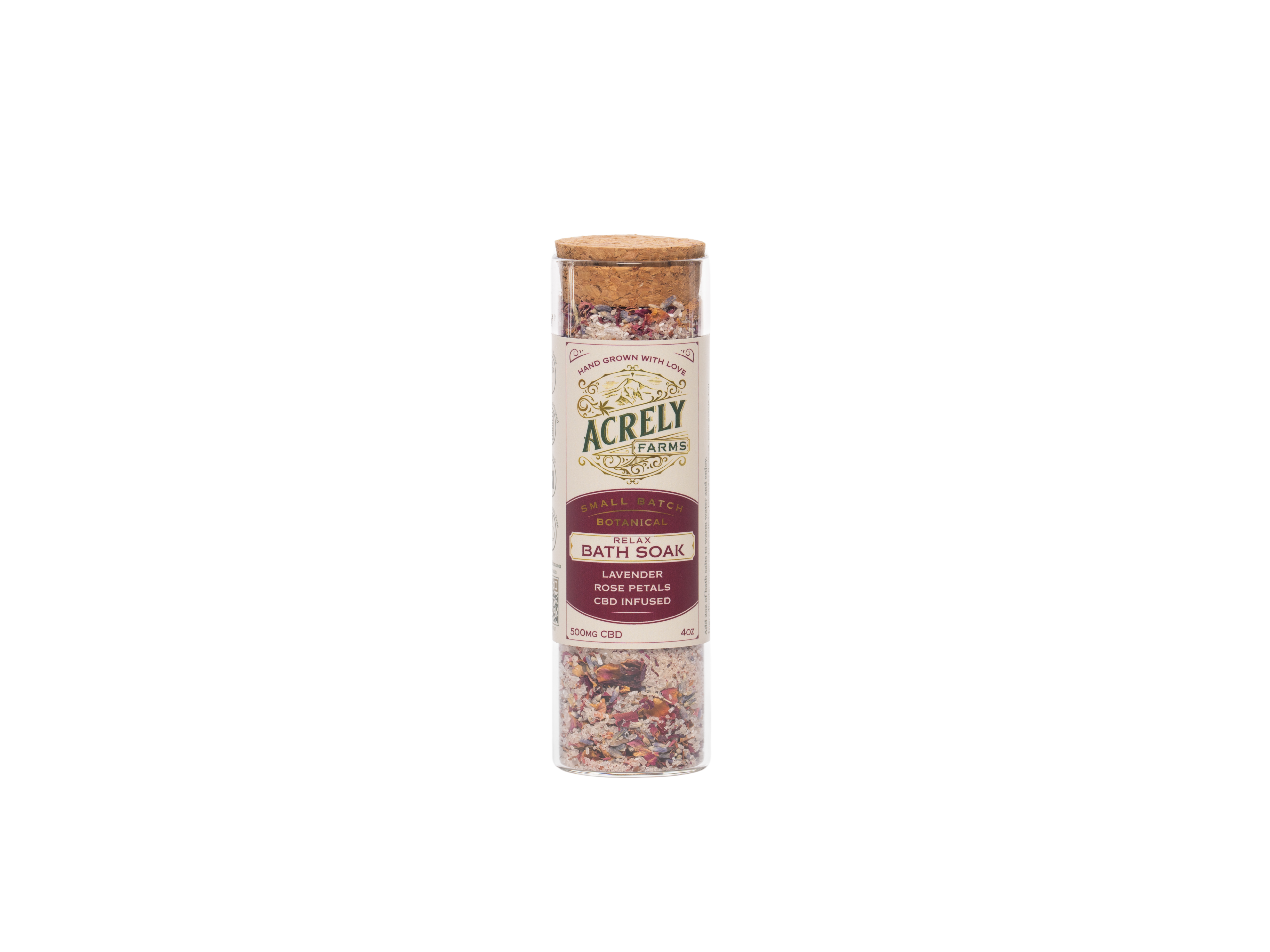 Acrely Farms Lavender &amp; Rose Eucalyptus Bath Soak in a clear cylindrical jar with a cork lid and cream label, shown on a plain white background.