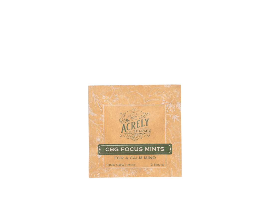 A single square package of Acrely Farms CBG Focus Mints on a solid white background.