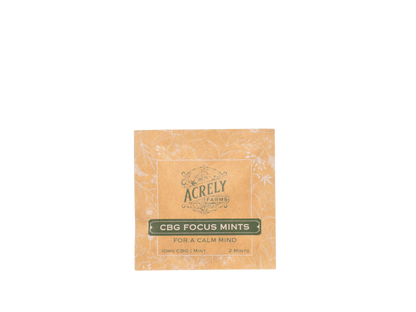 A single square package of Acrely Farms CBG Focus Mints on a solid white background.