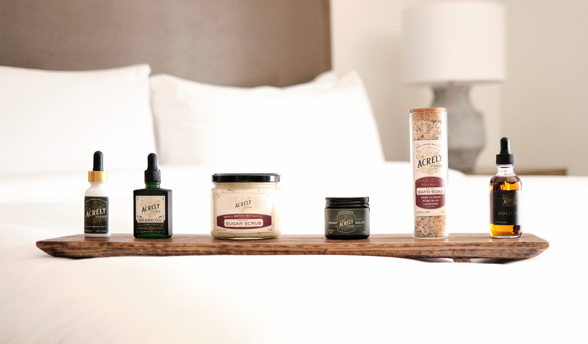Collection of skincare products on a wooden tray with a neutral background